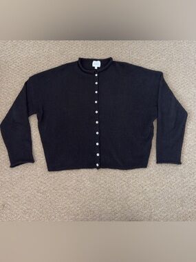 Things Between Black Button-Front Crewneck Cardigan Sweater